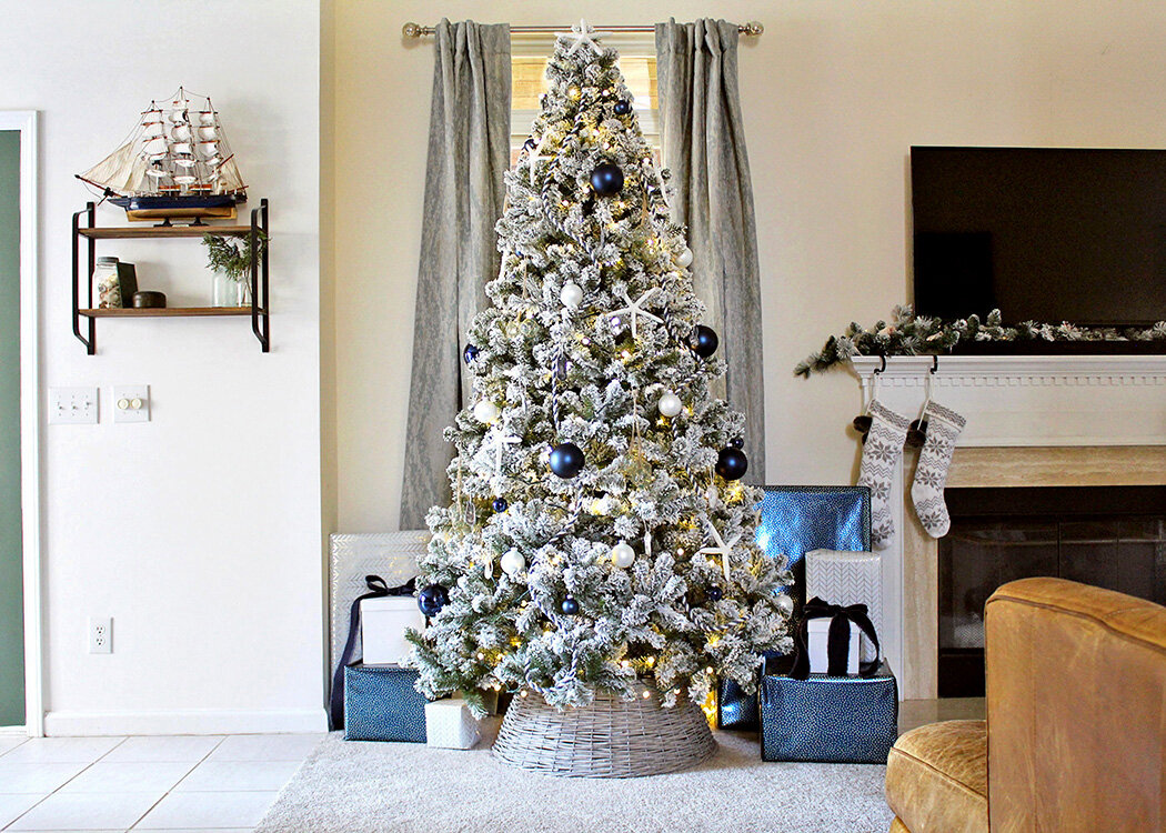 Coastal Flocked Christmas Tree with Navy and White