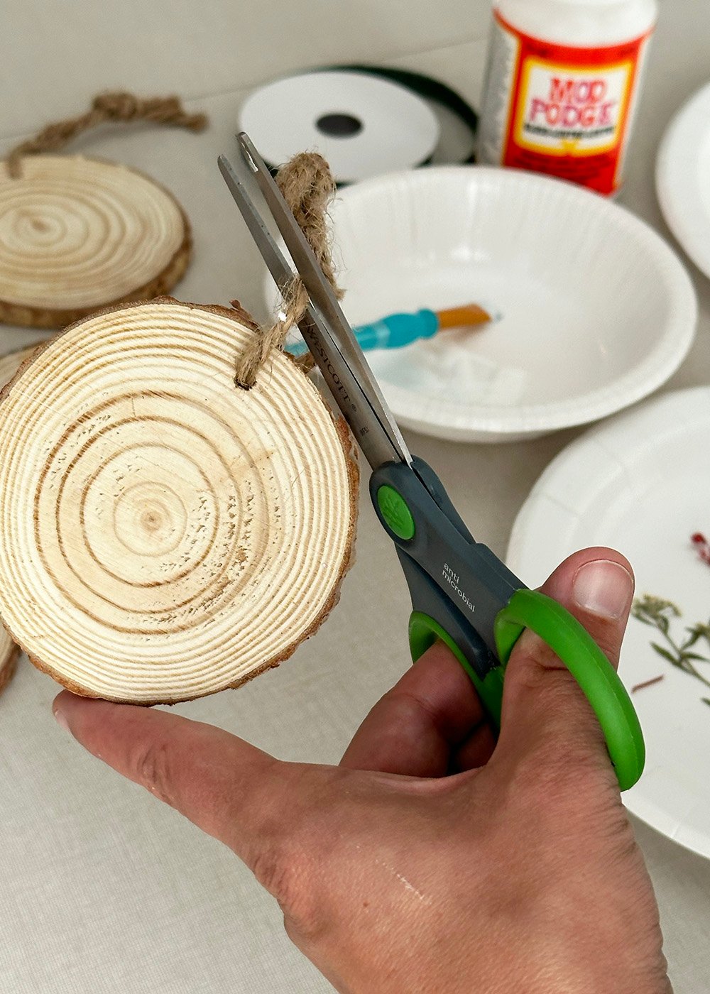woodslab_cutstring | Tag and Tibby Make wood slice ornaments with pressed flowers, remove twine with scissors