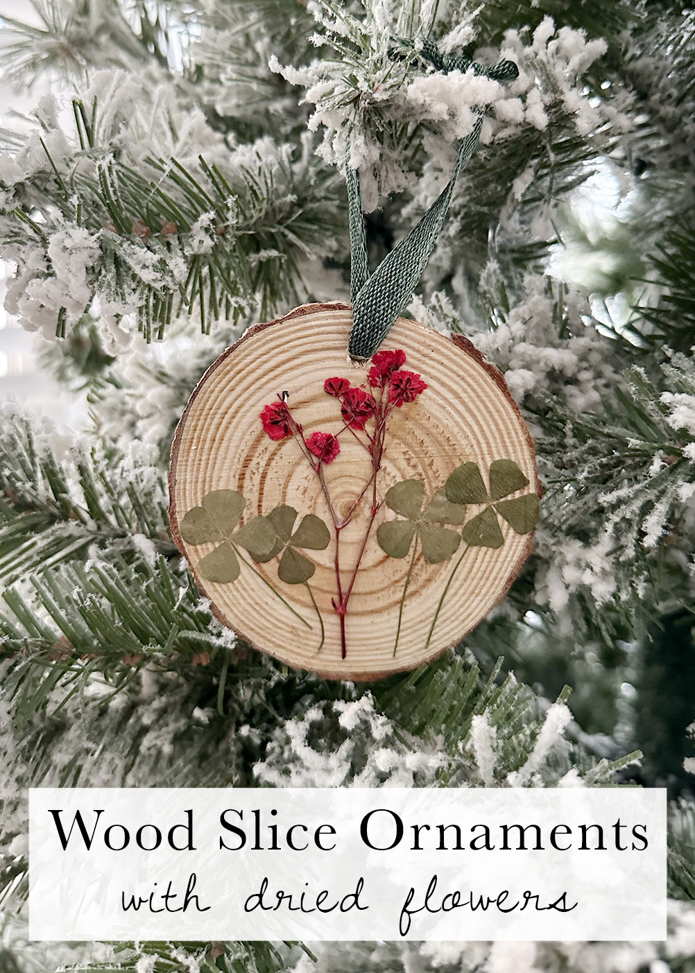 woodsliceornamentdiy_pinterest | Tag and Tibby Step by step how to make wood slice ornaments with ribbon and dried flowers
