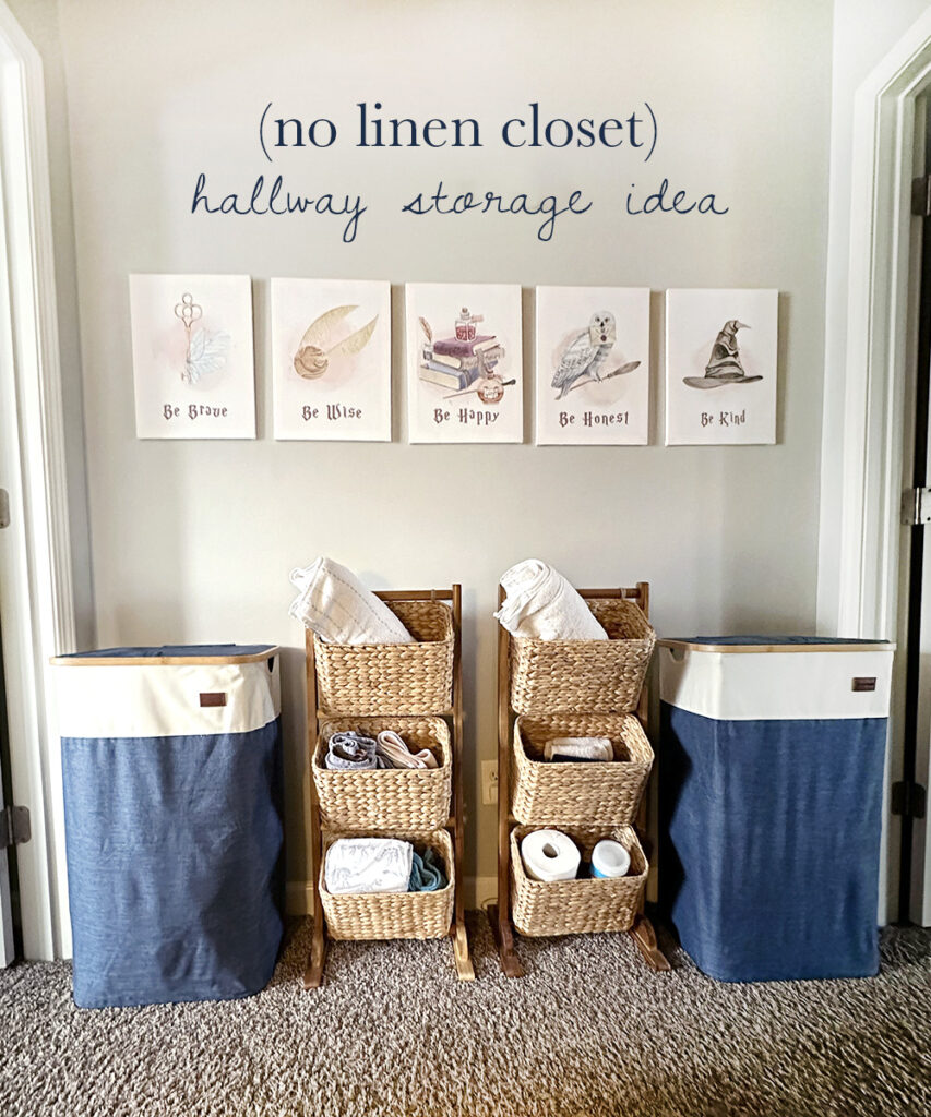 nolinenclosetidea | Tag and Tibby No linen closet hallway storage and decor ideas