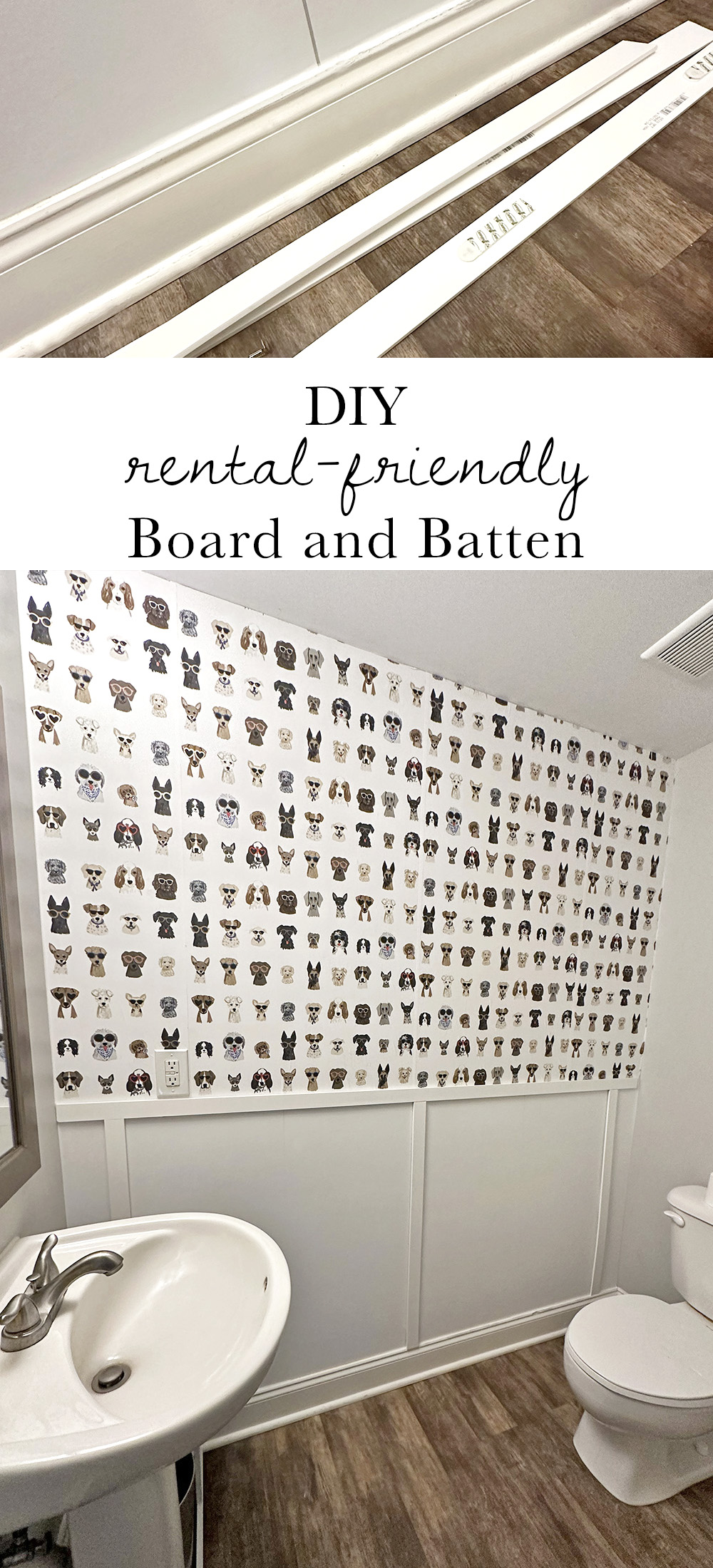 commandstrips_boardbattenfinished2 | Tag and Tibby Rental friendly faux board and batten diy with dog wallpaper on the upper wall