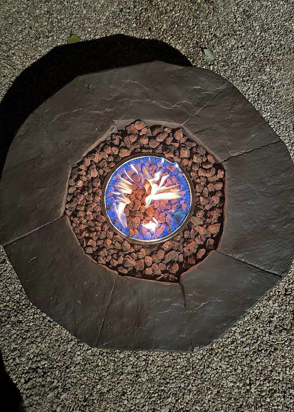 roundgasfirepitpainted | Tag and Tibby How to restore a fire pit using high heat spray paint, top down view of a propane fire pit