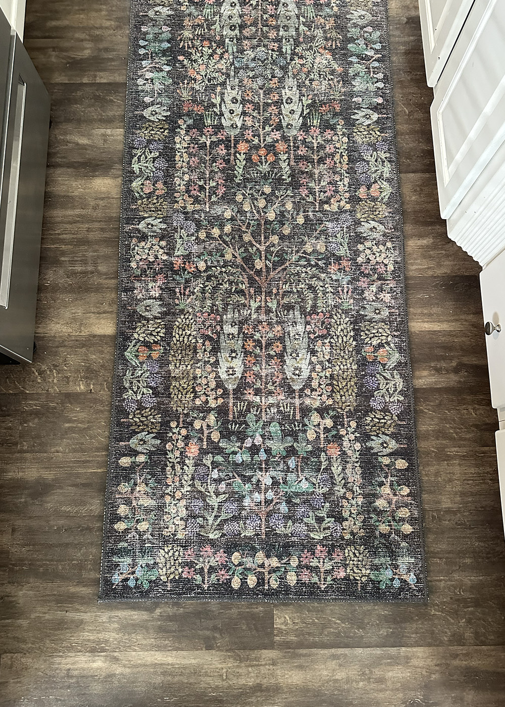 riflepapercomaison | Tag and Tibby Rifle paper co runner review in a kitchen, top down view. Grove charcoal design in the maison collection