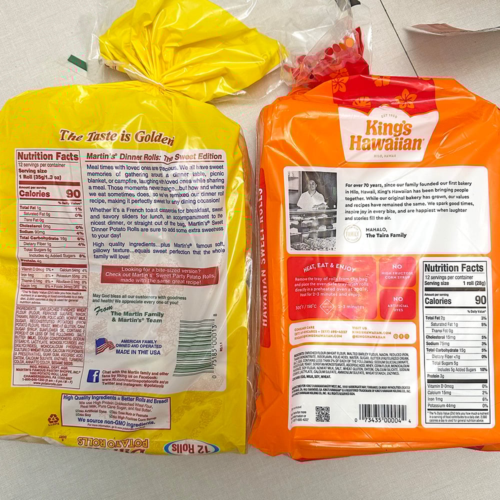 dinnerrollcomparison | Tag and Tibby Nutrition comparison of martin's sweet potato rolls vs Kings Hawaiian rolls